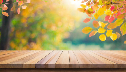秋のイメージと木のテーブル素材。Autumn image and wooden table material.