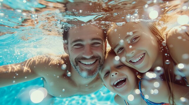 Close-up photo of a family smiling underwater, with bubbles surrounding them, in a clear blue pool. 