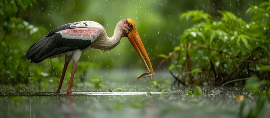 Painted stork patiently hunting for fish in the swamp during rain.