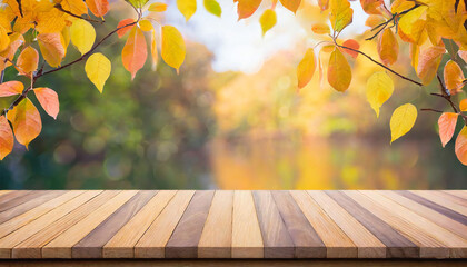 Naklejka na ściany i meble 秋のイメージと木のテーブル素材。Autumn image and wooden table material.