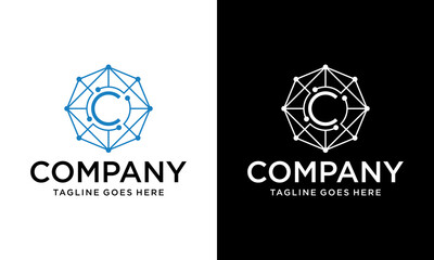 Creative Letter C logo design with point or dot symbol. Letter C tech logo with circuit board lines style