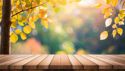 Naklejka na ściany i meble 秋のイメージと木のテーブル素材。Autumn image and wooden table material.
