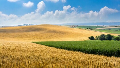 Fototapeta na wymiar green field and blue sky, wheat field, vast agriculture landscape with golden wheat fields, farming, Ai Generate 