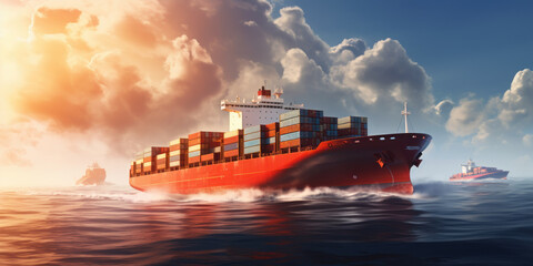 cargo maritime ship with contrail in the ocean ship carrying container and running for export concept - obrazy, fototapety, plakaty