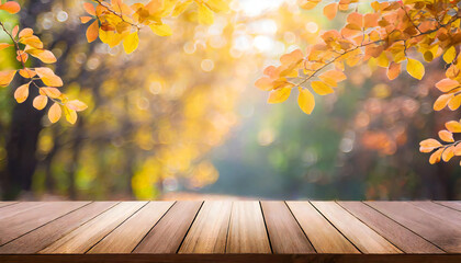 Naklejka na ściany i meble Autumn image and wooden table material.