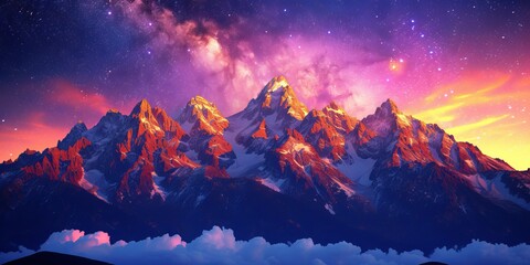 Sunset Glow on Snowy Mountains Under Starry Sky
