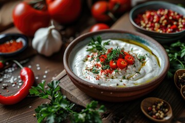 Traditional Turkish and Greek Meze with chili peppers and yogurt
