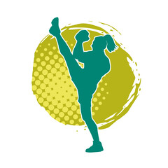 Silhouette of a woman doing a martial art kick. Silhouette of a sporty female doing kicking movement.