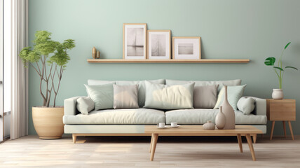 Fototapeta na wymiar Stylish interior design living room modern mint sofa wooden consol, cube, coffee table lamp