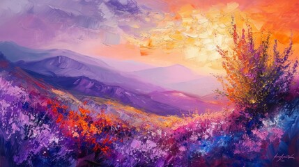 Lavender flowering and lilac colors oil painting - obrazy, fototapety, plakaty