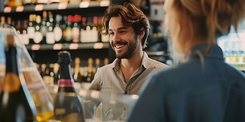 Smiling young man engaging in friendly conversation at a wine shop. casual interaction captured. lifestyle imagery. AI