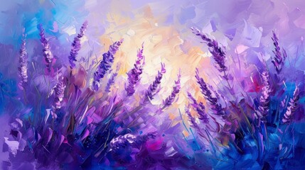 Lavender flowering and lilac colors oil painting - obrazy, fototapety, plakaty