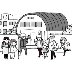 災害時に近所の学校の避難所へ向かう家族