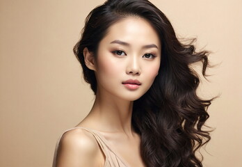 Fototapeta premium Beauty young asian woman with clean fresh skin on beige background. Face care and treatment, cosmetology concept, hairstyle. Copy space.