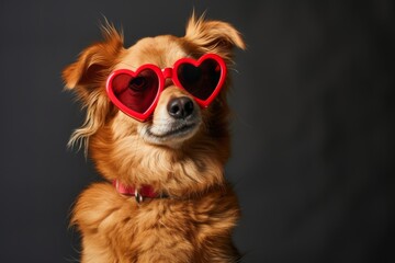 A comical shot of a dog wearing oversized heart-shaped sunglasses and posing as if they're the star of a Valentine's Day fashion show