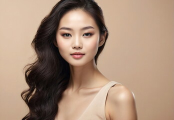 Beauty young asian woman with clean fresh skin on beige background. Face care and treatment,  cosmetology concept, hairstyle. Copy space.