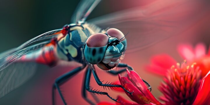 Vibrant close-up of a dragonfly on a red flower. perfect for nature enthusiasts and designers. high-resolution, detailed macro photography. AI