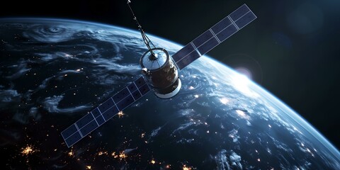 Futuristic satellite orbiting earth, space exploration concept, high-tech communication satellite in outer space, global technology advancement. AI