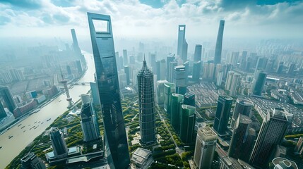 Aerial view of a bustling metropolis skyline - skyscrapers and urban expansion under hazy sky. modern cityscape photography. AI