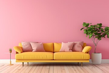 Bright yellow sofa on pink wall background, modern home interior design, trendy living room decor, minimalist style. AI