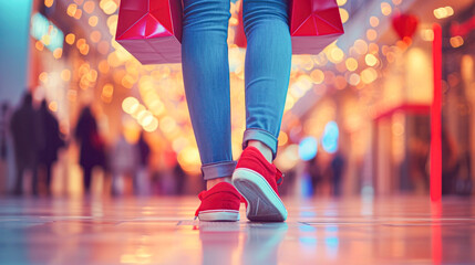 Shopping Spree with Colorful Bags at Mall.Close-up of shopper's feet carrying multiple colorful shopping bags in a mall, symbolizing retail therapy and consumerism. - obrazy, fototapety, plakaty
