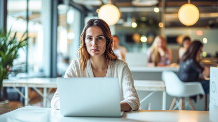 Fototapeta premium Focused Woman Working on Laptop in Cafe.A young professional woman concentrated on her work, using a laptop in a bright, modern cafe setting.