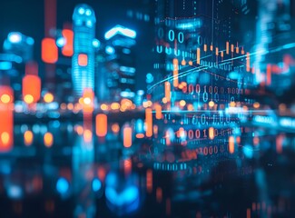 Abstract glowing big data forex candlestick chart on blurry city backdrop. Trade, technology, investment and analysis concept. Double exposure