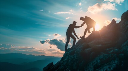 Fototapeta premium Silhouetted hikers at sunset help each other on a mountain peak. drama in nature, team spirit and adventure. inspirational outdoor scene. AI