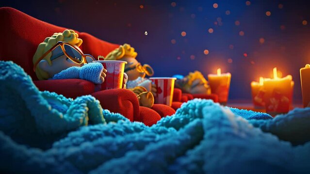 Cartoon animation Minuscule movie buffs cozying up with miniature blankets sipping on droplets of soda while watching a shrunkendown version of their favorite blockbuster.