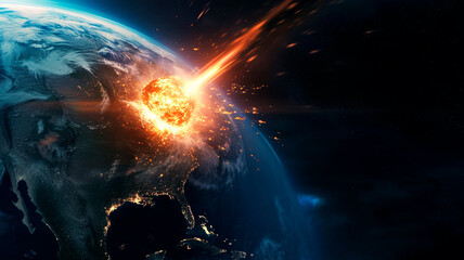 A rock crashing into the earth seen from space. A rock crashing into planet earth. Disaster from space. Last day of earth. Generative AI