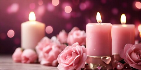 candles and rose petalsA lit candle with pink roses in a bowl
