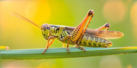 Vibrant grasshopper close-up on a green stalk. nature photography, perfect for educational content. detailed insect portrait. AI