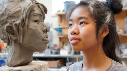 Clay Reflections: A Woman Capturing Her Essence in Self-Sculpted Form. Generative AI