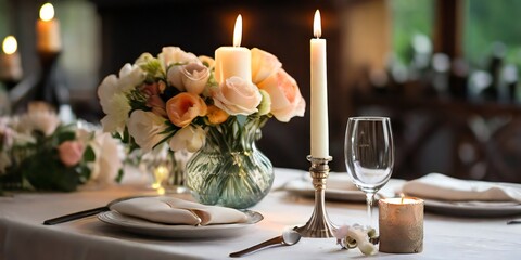 table setting with flowers and candlesElegant table setting with beautyful flowers, candles and wine glasses in restaurant.
