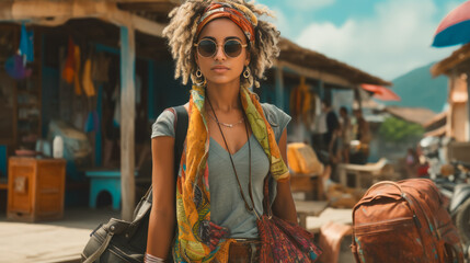 Capturing eco-conscious fashion choices of travelers, blending local attire with sustainable accessories in diverse settings