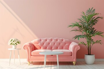 Elegant pink sofa in a minimalist living room setting. modern home interior decor with sunlight. perfect for lifestyle and design. AI