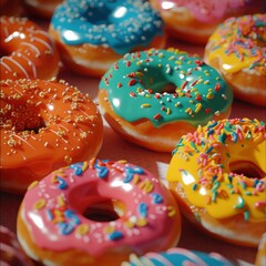 A Close-Up View of Donuts Featuring Multicolored Glazes, Showcasing the Tempting and Vibrant Array of Flavors.