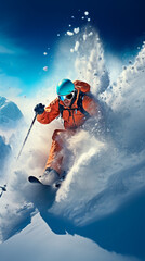 Skiing in Alps, Snow-covered peaks, Action-packed descents, Winter sports thrill, Skiing equipment, Alpine vistas, Powder snow landscapes, Energetic athletes, Snow adventure, Frosty escapades