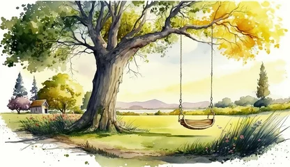 Poster Bright landscape view in a summer meadow with tree and rope swing. hand painted watercolor illustration drawing © Dianne