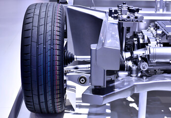 Electric Car Front Axle with new tire of the suspension structure an electric car.