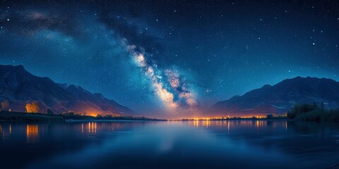 Naklejka na ściany i meble The Milky Way Illuminates the Sky, Revealing the Silhouettes of Beautiful Mountains and Rivers in a Serene and Majestic Landscape.