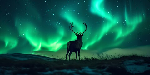 Majestic deer silhouette under northern lights in a starry night sky. serene wilderness landscape. ethereal natural wonderland. AI