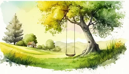 Papier Peint photo autocollant Jaune Bright landscape view in a summer meadow with tree and rope swing. hand painted watercolor illustration drawing