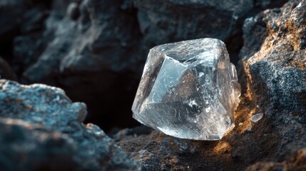 A clear, uncut diamond resting on rugged stones