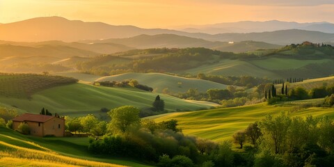 Golden hour over rolling hills, serene landscape with a rustic house. warm light caressing the valleys. ideal for travel and nature themes. AI