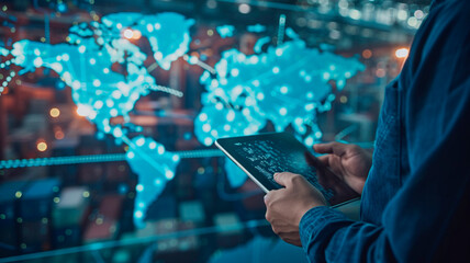 Digital logistics innovation in freight transportation, import-export: a manager uses a tablet for online tracking and control of cargo delivery against a city world map backdrop. Generative AI