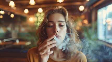 contemplative young woman smokes joint indoors, with soft focus lights