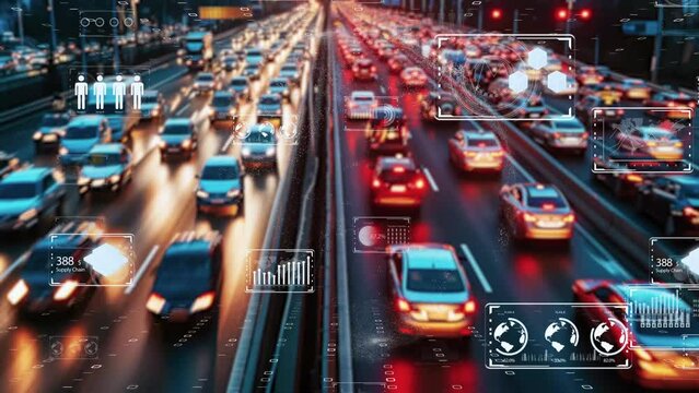 ホログラフィックインターフェースと自動車両フロー制御を備えた高度な交通システム。デジタル化した未来な交通整備システムのイメージ。