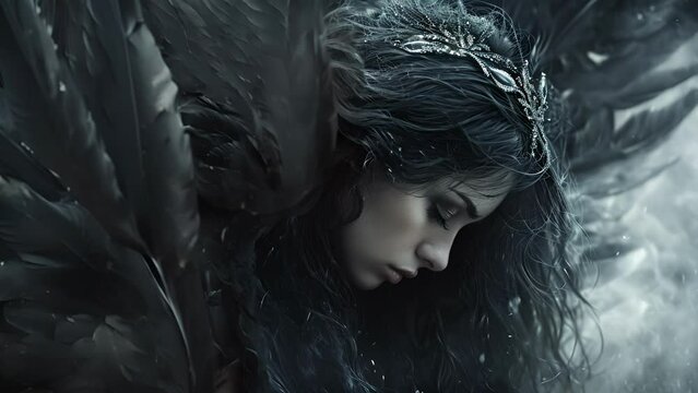 A dark angel with long flowing hair made of shimmering silver hiding a face of pure midnight.