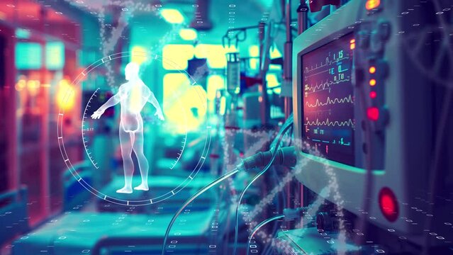 DNAとグローバルを背景とした先進医療・遠隔治療のイメージ　先進技術を使った新しい治療法。